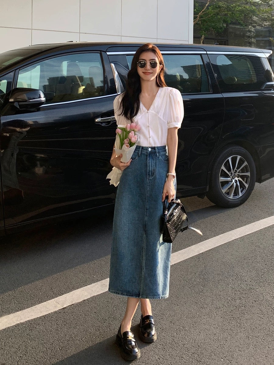 MULVAN retro split denim skirt women's 2022 spring and summer new high-waisted slim all-match mid-length skirt