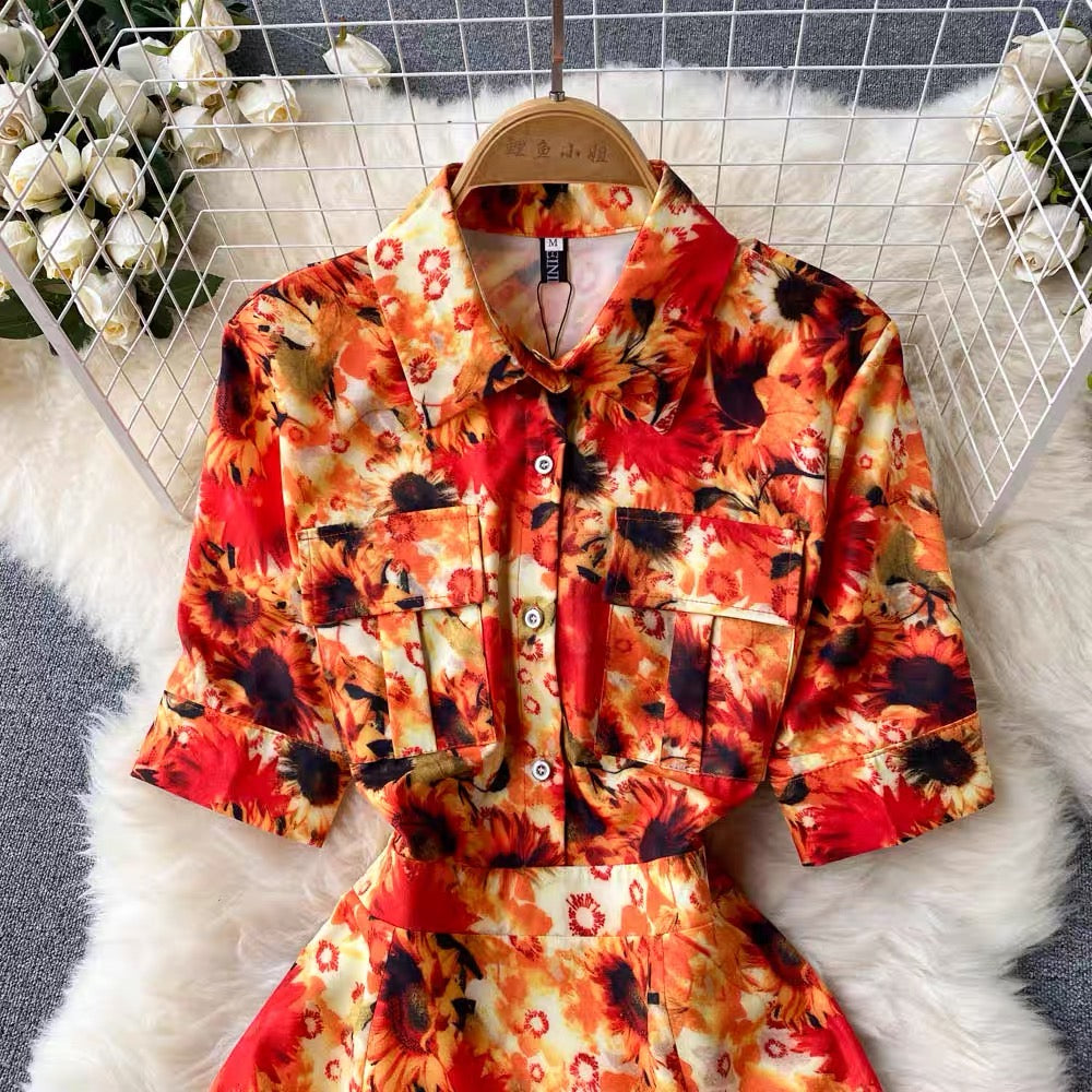 2022 European station new French retro printing light familiar style temperament ladies pleated dress shirt skirt trend