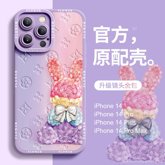 Apple 14 mobile phone case new 13 eternal flower rabbit cute iPhone 14ProMax couple protective case 13Pro high-end sense 12 female rabbit year Xr silicone anti-fall 14Pro will not hit the shell 11