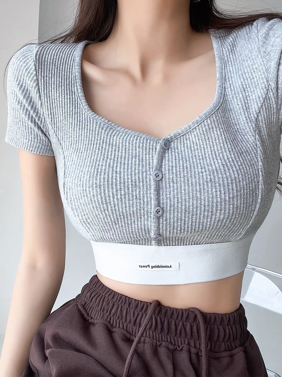 European and American style square collar stitching short-sleeved T-shirt women's summer high waist slim fit sexy hot girl cropped navel short top 1507