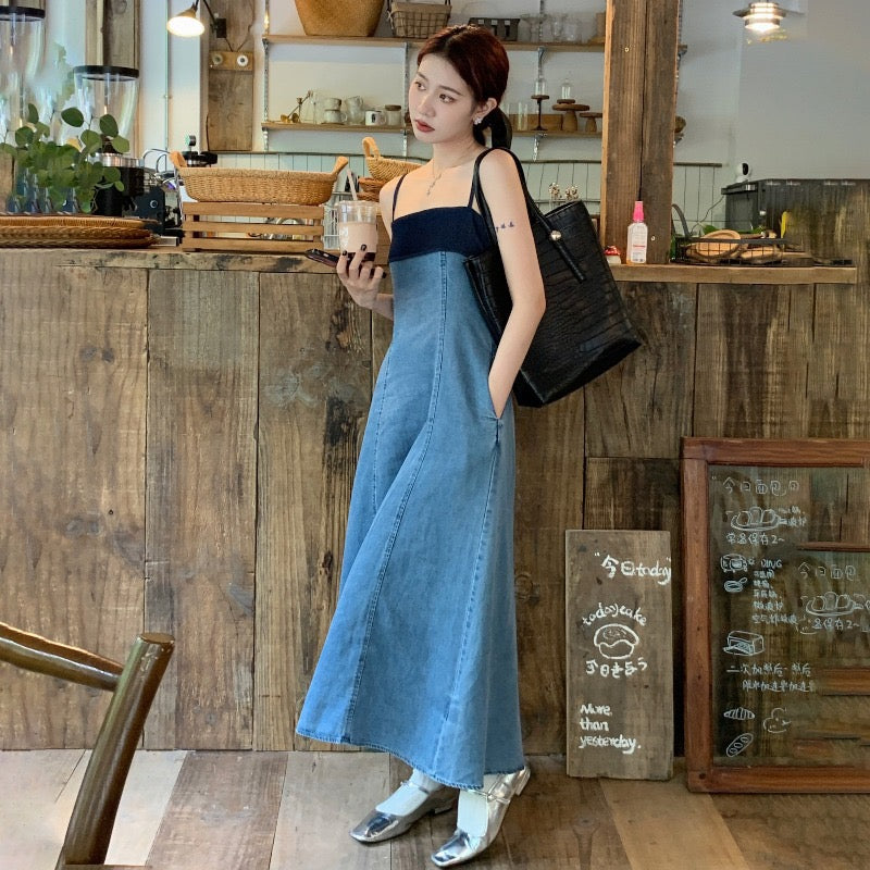 High-end temperament contrast color waist denim suspender dress women's summer new niche chic mid-length skirt