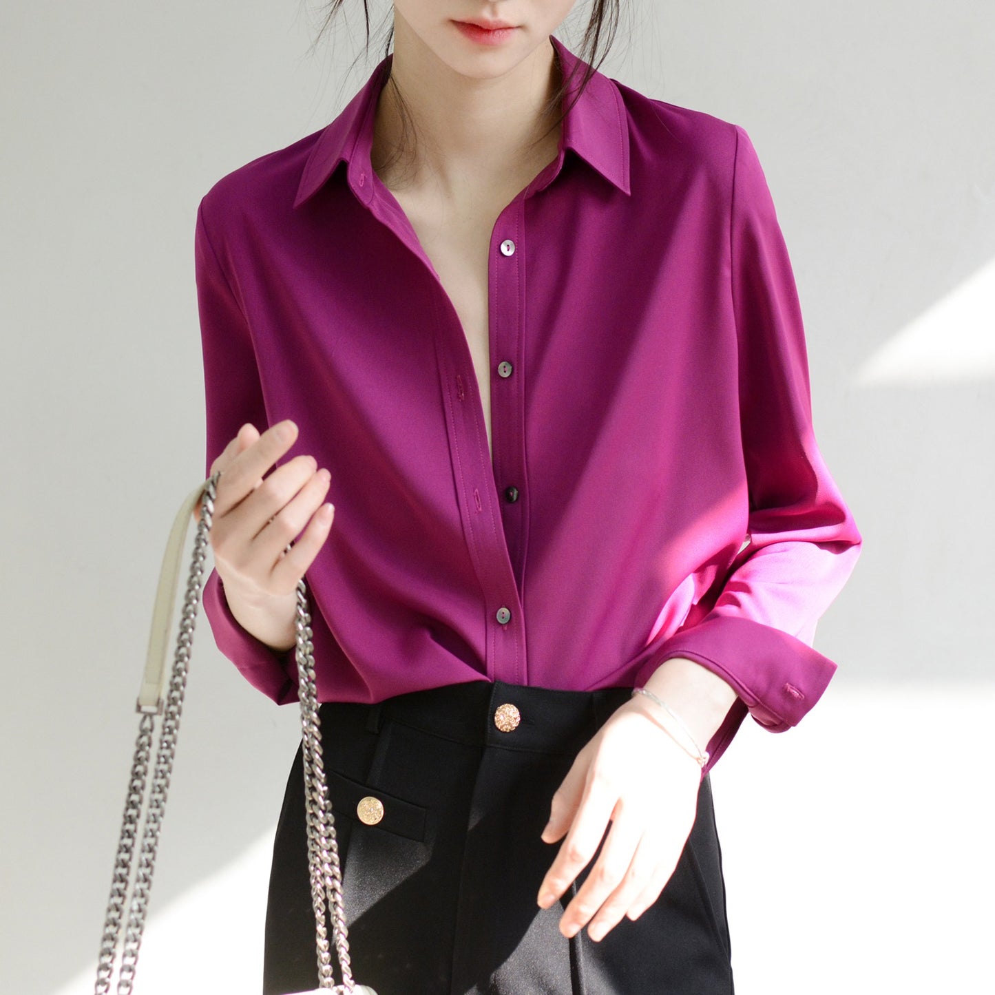 TRR fashion big coffee easy to get long-sleeved slightly loose purple shirt female texture wear chic commuter top