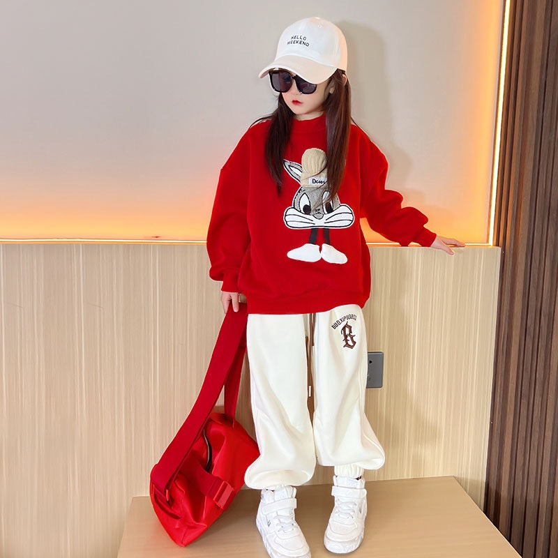 Girls fleece sweater 2022 new middle and big children red year of the rabbit year of birth thickened tops children's winter clothes