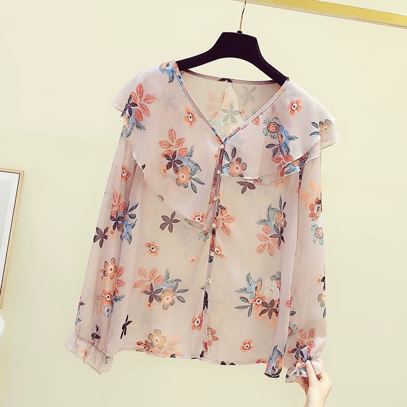 Shop withdrawal women's clothing cut standard clearance special price spring and autumn lotus leaf V-neck floral chiffon shirt women's tide