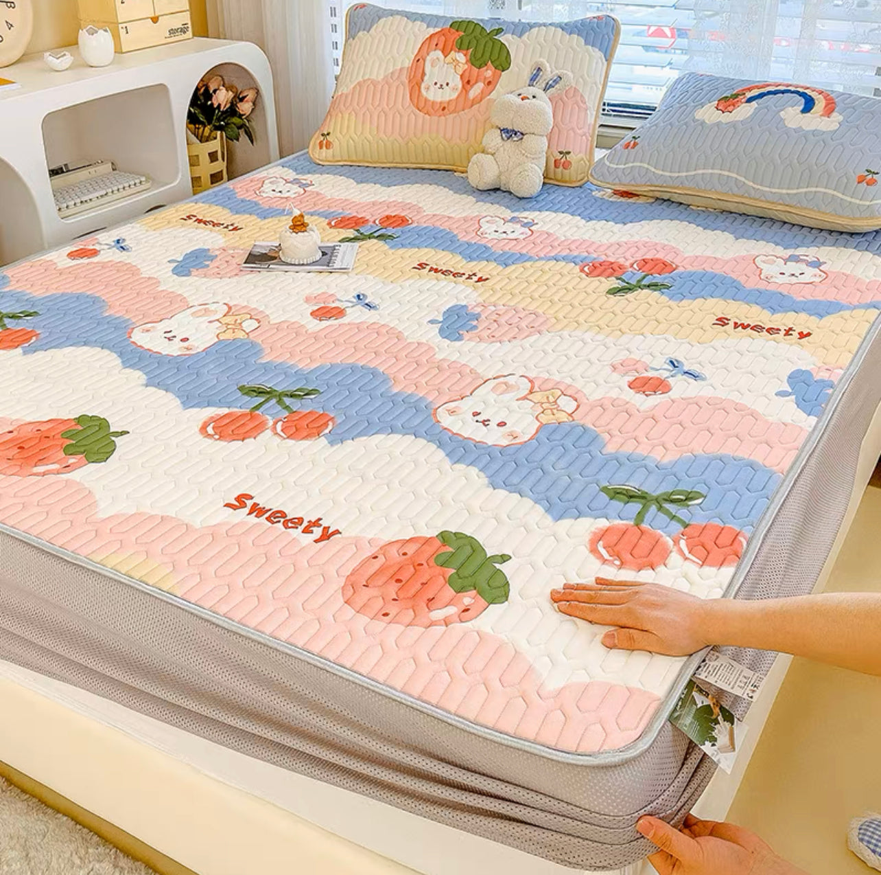 Latex Ice Silk Mat Fitted Sheet Summer Mat Three-piece Set Washable Summer Single Children's Air Conditioning Mat Mattress