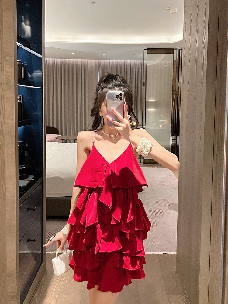 BETTER LS pure desire style v-neck suspender dress niche design layered chic unique stunning short skirt