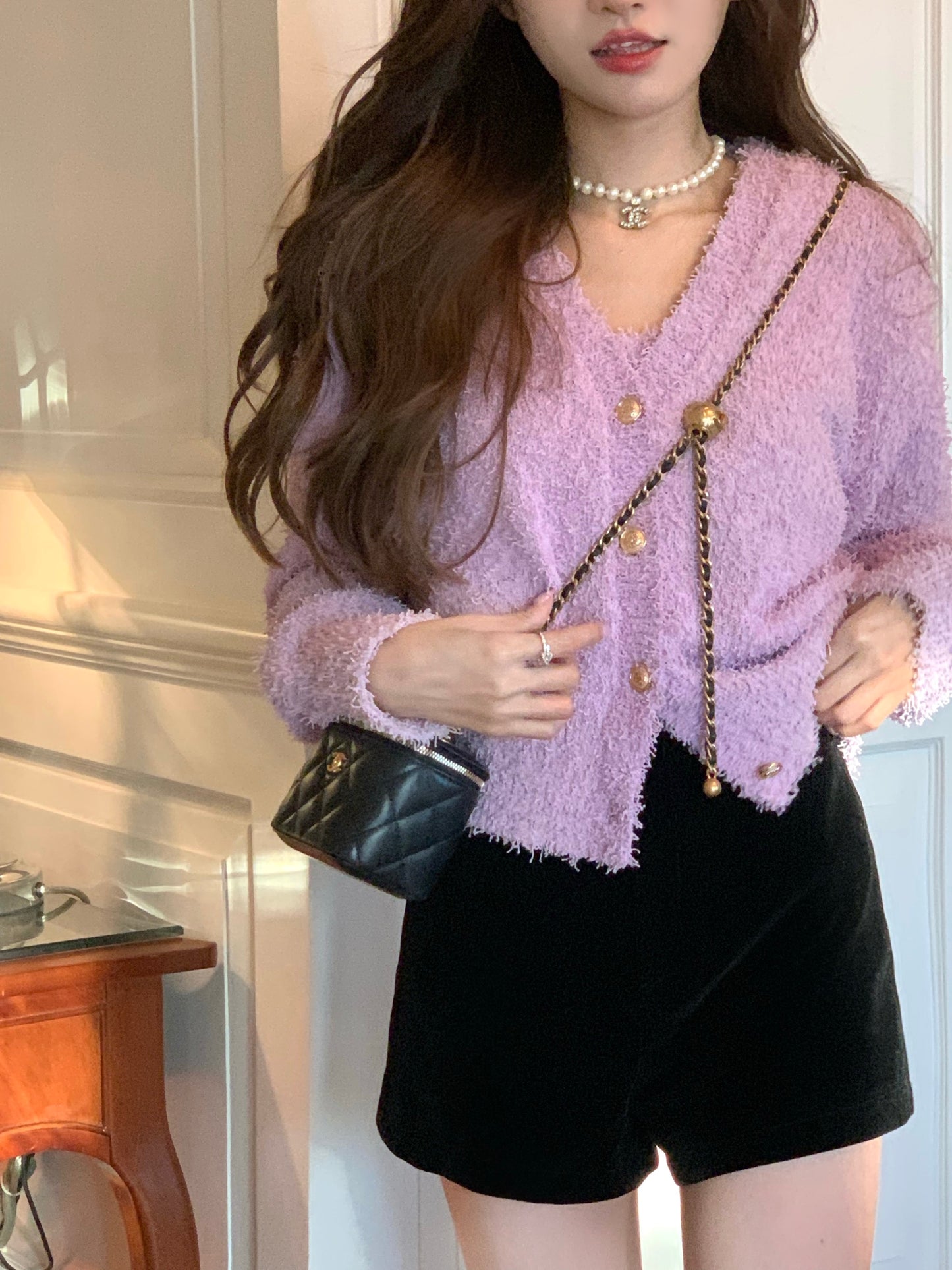 COOLLINE Lin Zixi Jennifer sweet Roland purple grain yarn gold buckle sweater cardigan sling suit female