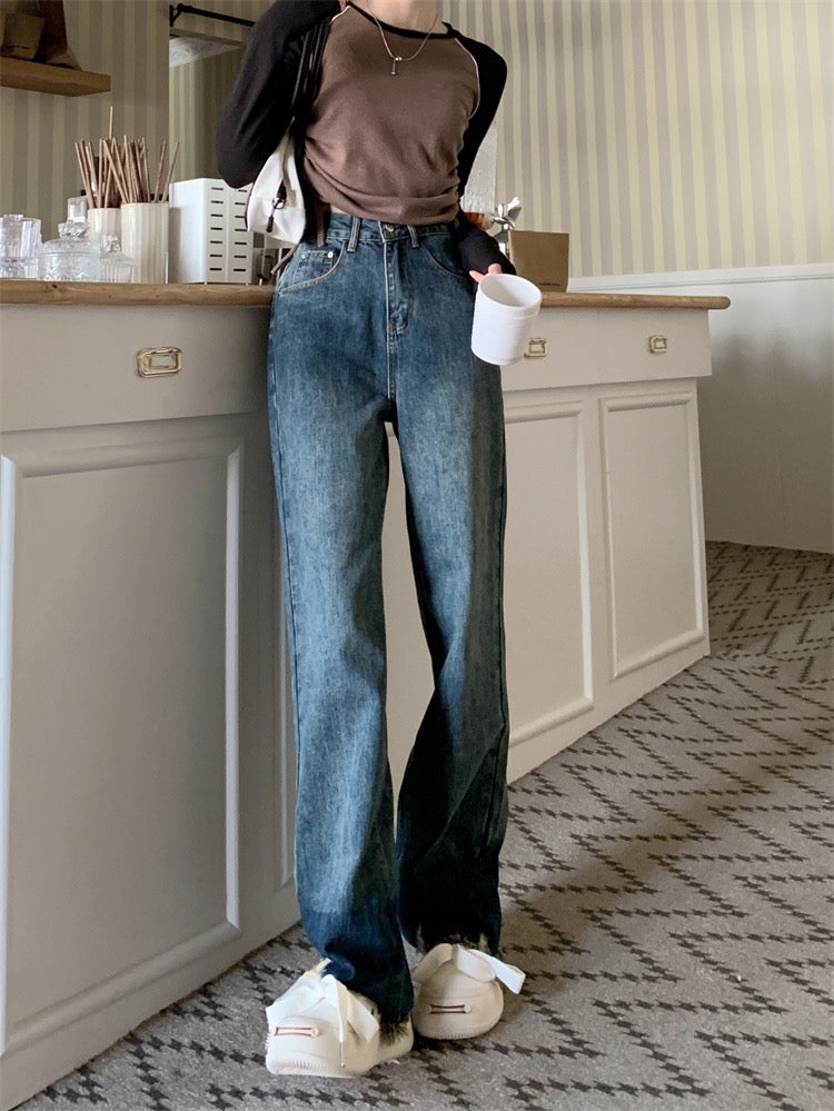 Hong Kong-style retro straight jeans women's autumn design sense of raw edge pants ins high street loose high waist wide leg pants