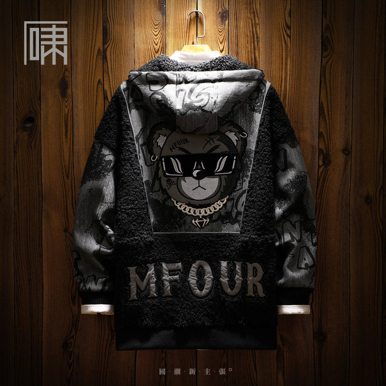 Guochao hip-hop bear mid-length hooded cotton jacket Men's niche lambswool stitching thickened cotton jacket