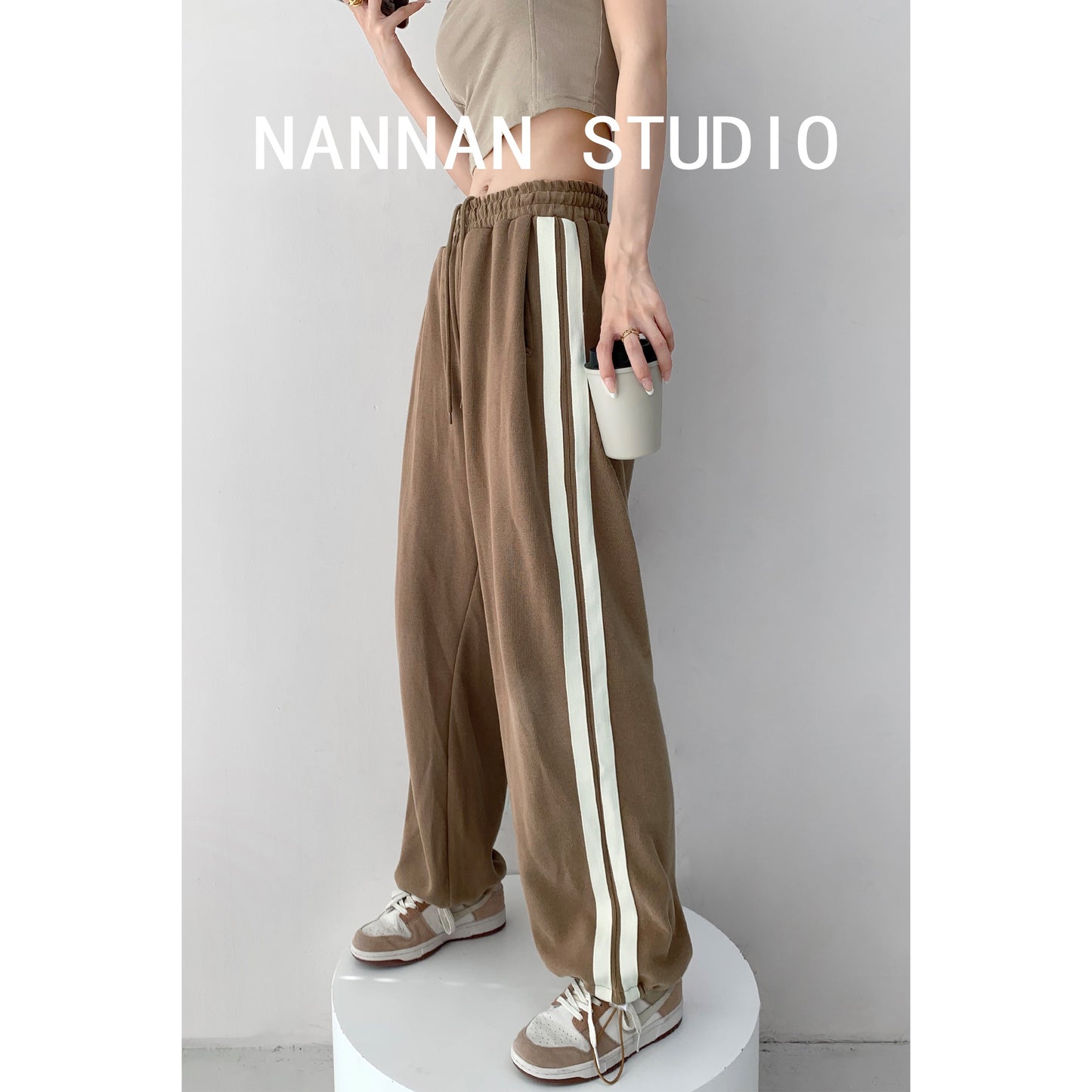Retro classic white edge preppy sports pants women's spring and autumn loose casual elastic waist slim drawstring trousers trendy