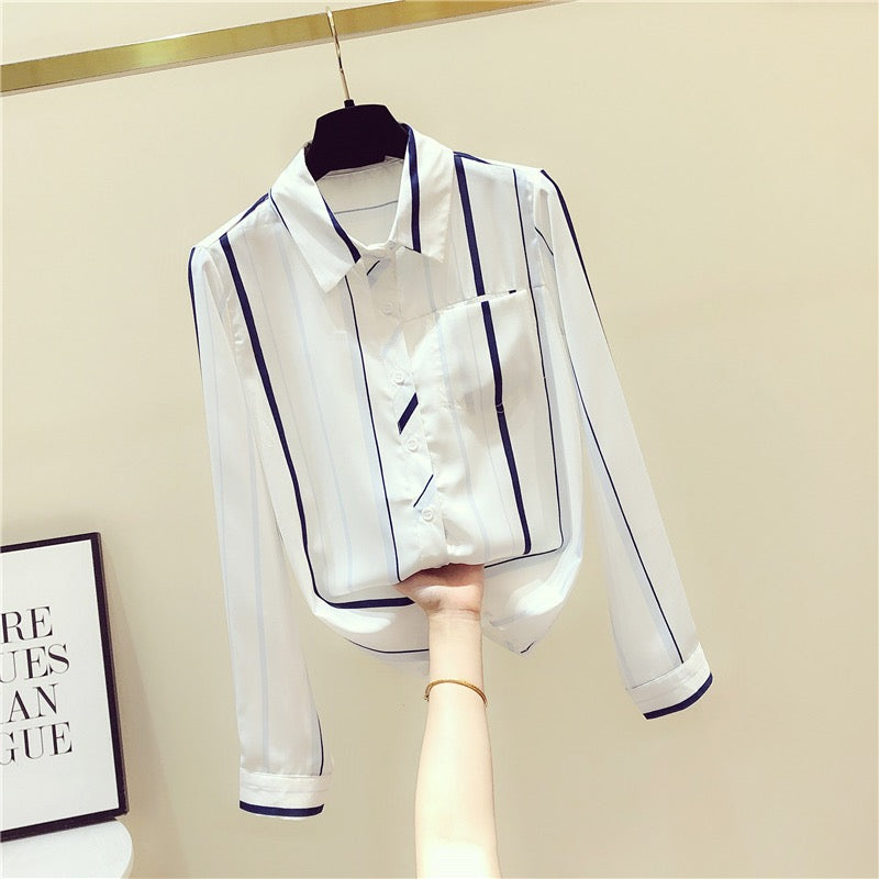Striped shirt women's long-sleeved 2022 early autumn new light and familiar all-match top design sense niche chiffon fashion shirt