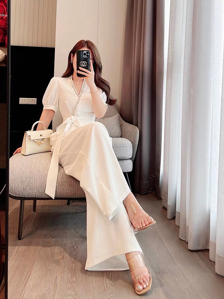 Miss Dong high-end custom 2022 new summer jumpsuit women's high-end white high-waisted wide-leg pants jumpsuit