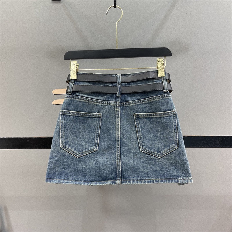 2023 spring and summer new hot girl slit denim skirt women's anti-slip high waist slimming A-line bag hip short skirt pants