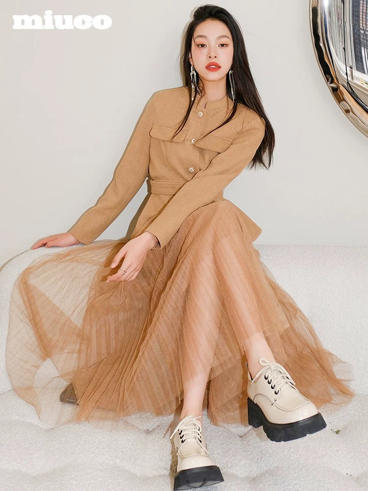 miuco celebrity style waffle waist short coat + mesh pleated skirt two-piece suit female 2022 spring