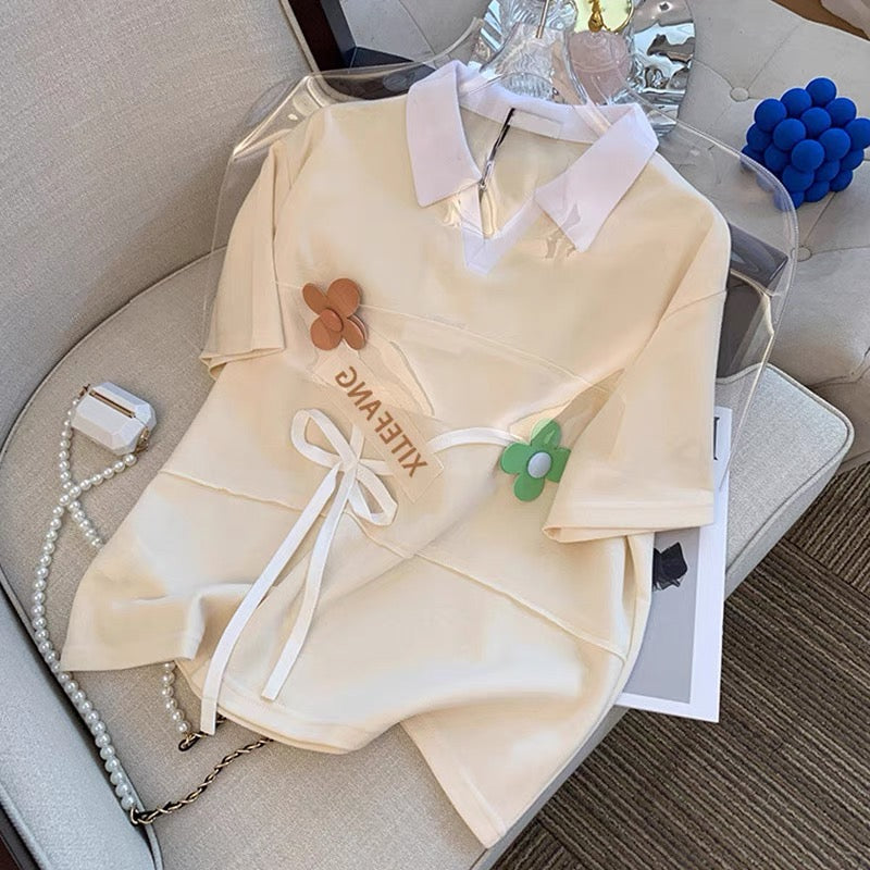 Counter Clearance ~ Design sense contrast color polo collar T-shirt fashion suit women's summer Western style short-sleeved shorts two-piece set