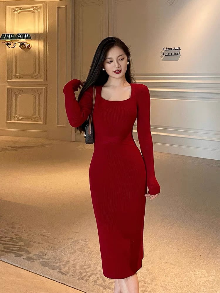 Lin Guanguan light familiar wind red knitted dress women's body-fittin Lee Nhi Boutique Lin Guanguan light familiar wind red knitted dress women's body-fittin Lee Nhi Boutique