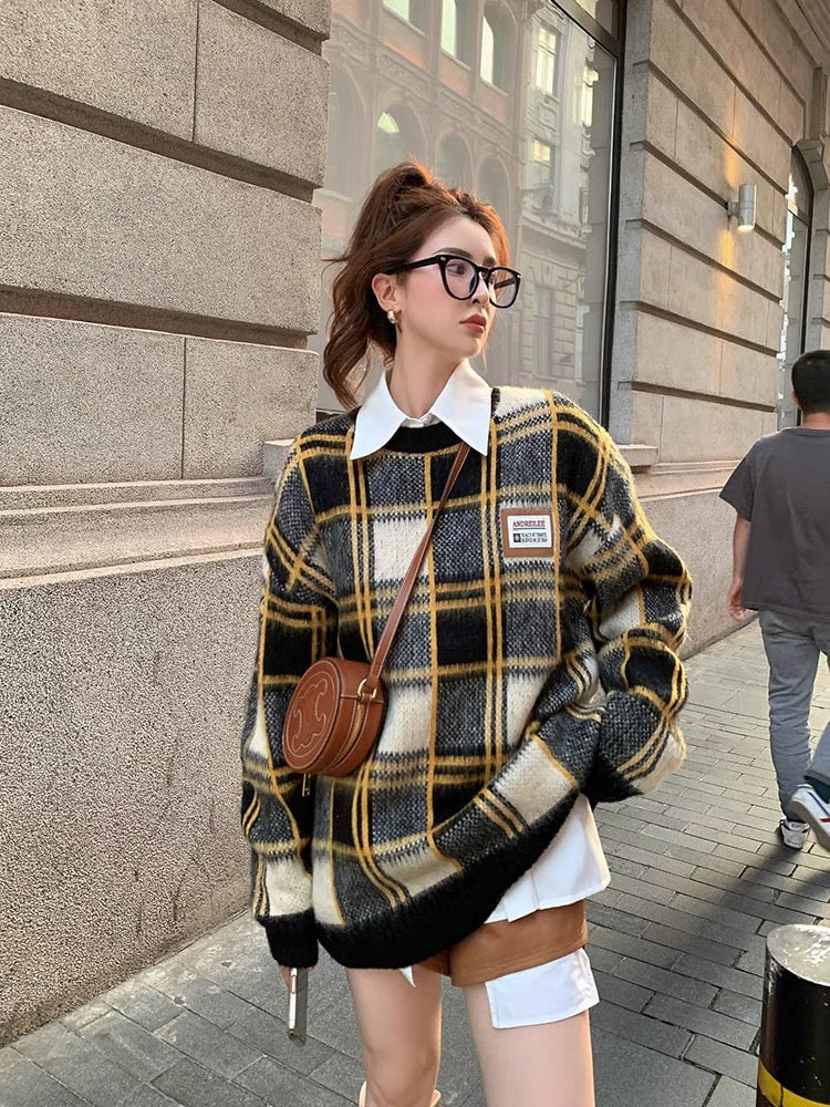 Big C Lai Ye Retro Plaid Sweater Women's 2022 New Small Design Loose Round Neck Pullover Sweater