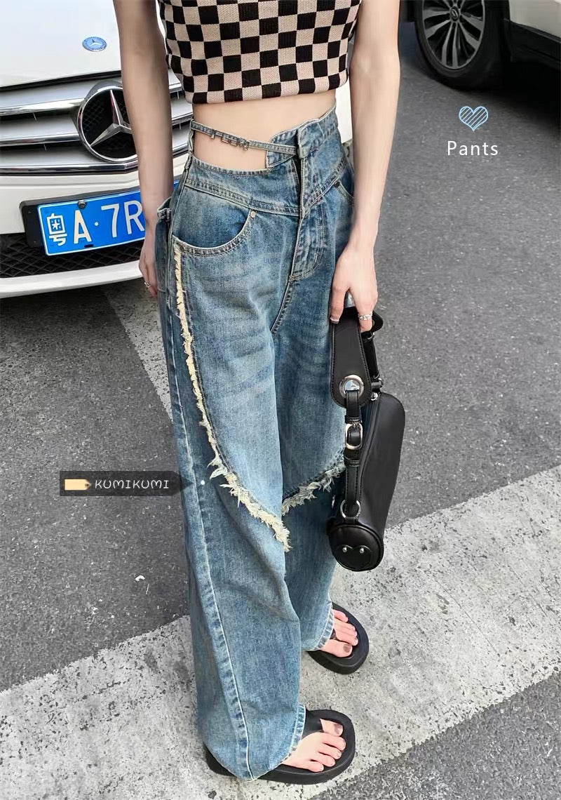 Irregular jeans women summer high waist hollow wide leg pants mopping trousers design sense straight pants hot girl pants 8228