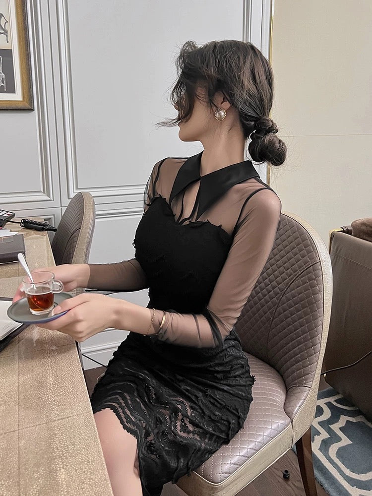 European station lace dress autumn black light mature style sexy high-end women's cold temperament mid-length 1535