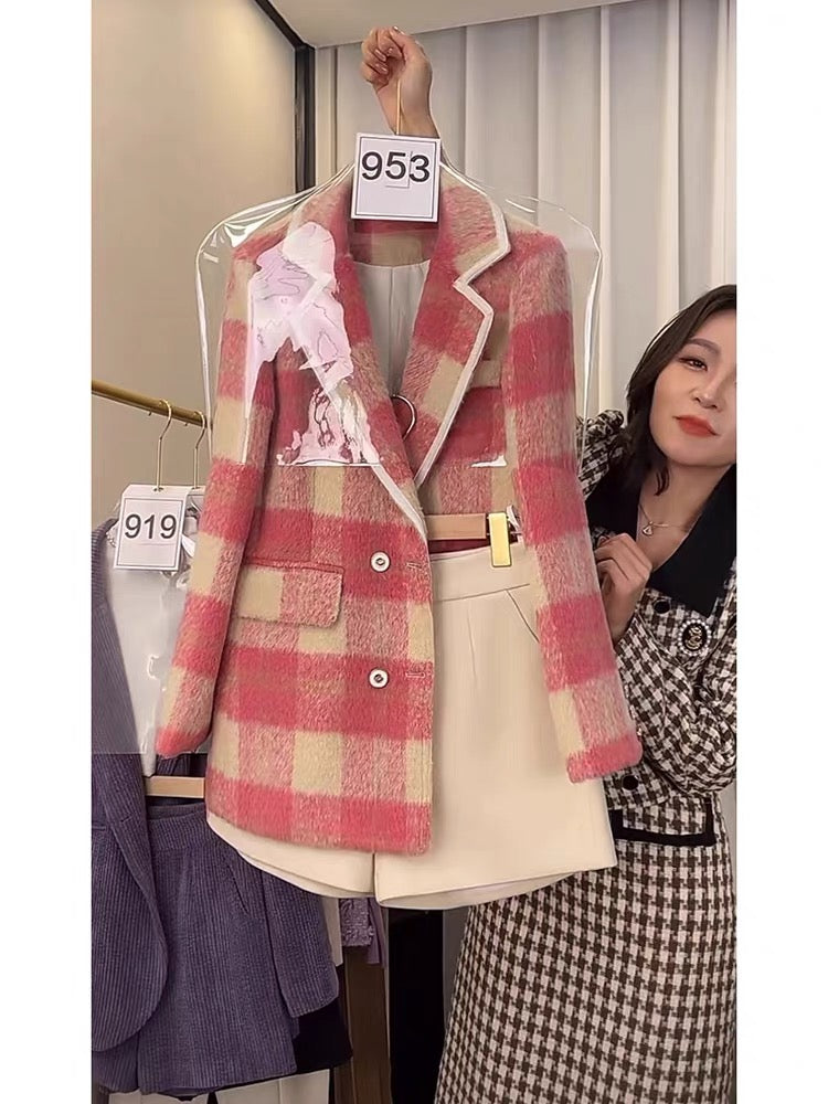 Winter 2022 new style small fragrance suit ladies autumn and winter thickening professional plaid suit jacket shorts two-piece set