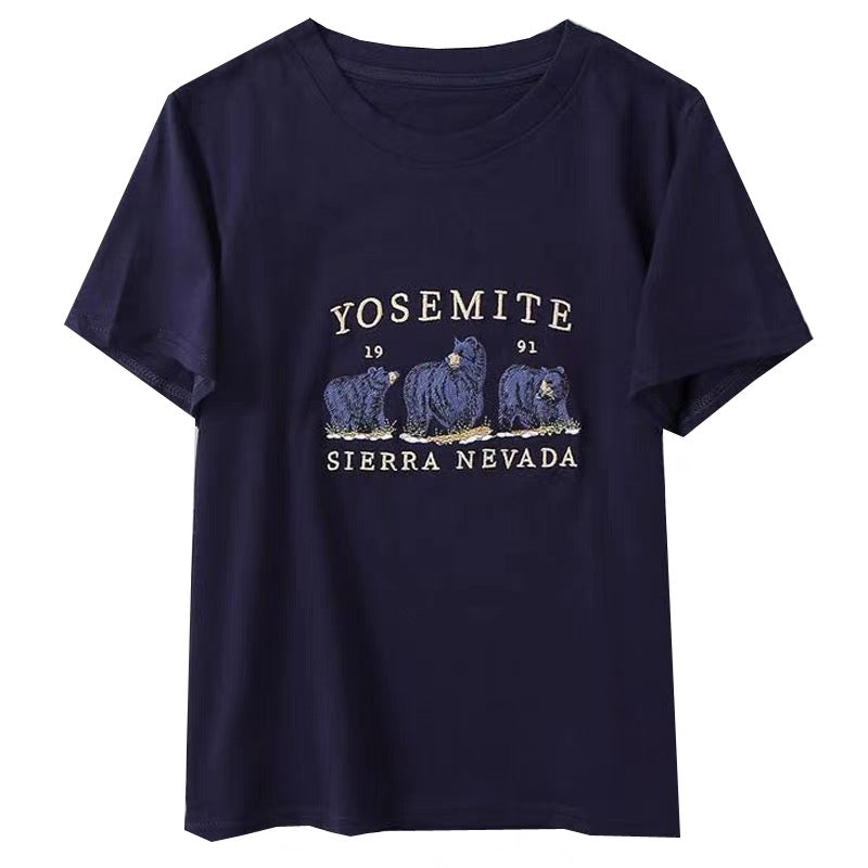 American retro cute girl thin and delicate bear letter embroidery loose round neck short sleeve T-shirt women's top