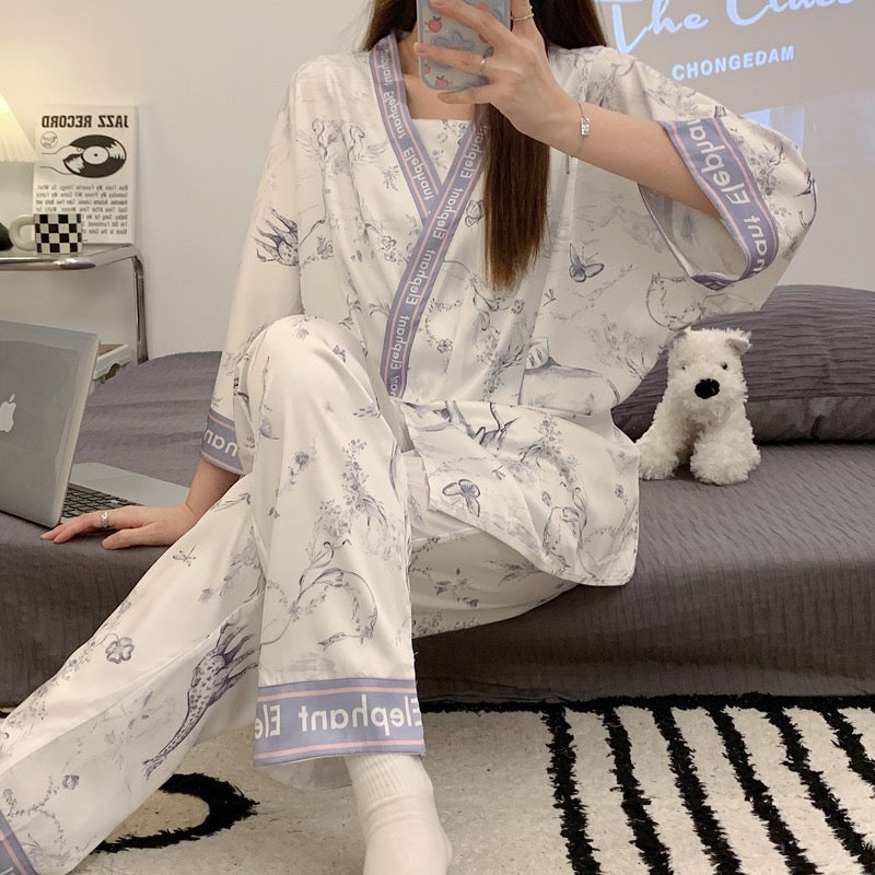 Spring, autumn and summer ice silk three-piece pajamas women's half-sleeved 2022 new cute deer suspender home service suit