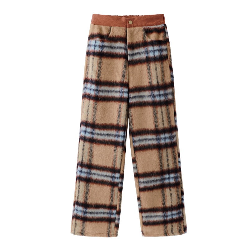 Retro plaid wool casual pants women's clothing 2023 spring and autumn new loose straight wide-leg pants trousers trousers winter