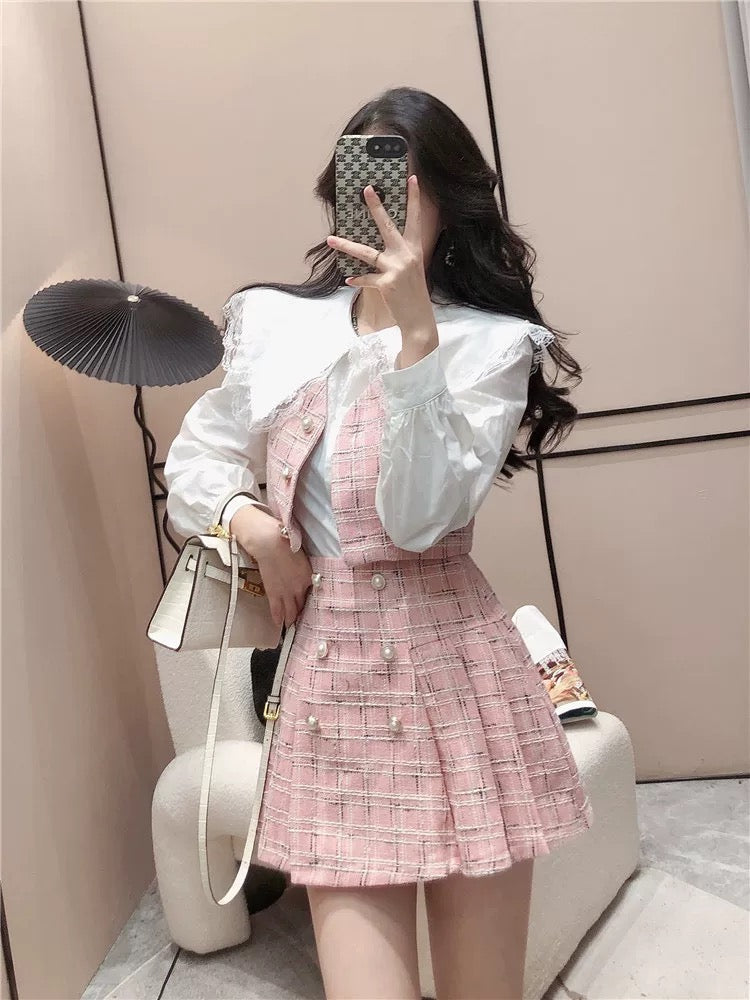 Lace trim navy collar French shirt + small fragrance vest + high waist plaid skirt three-piece suit women