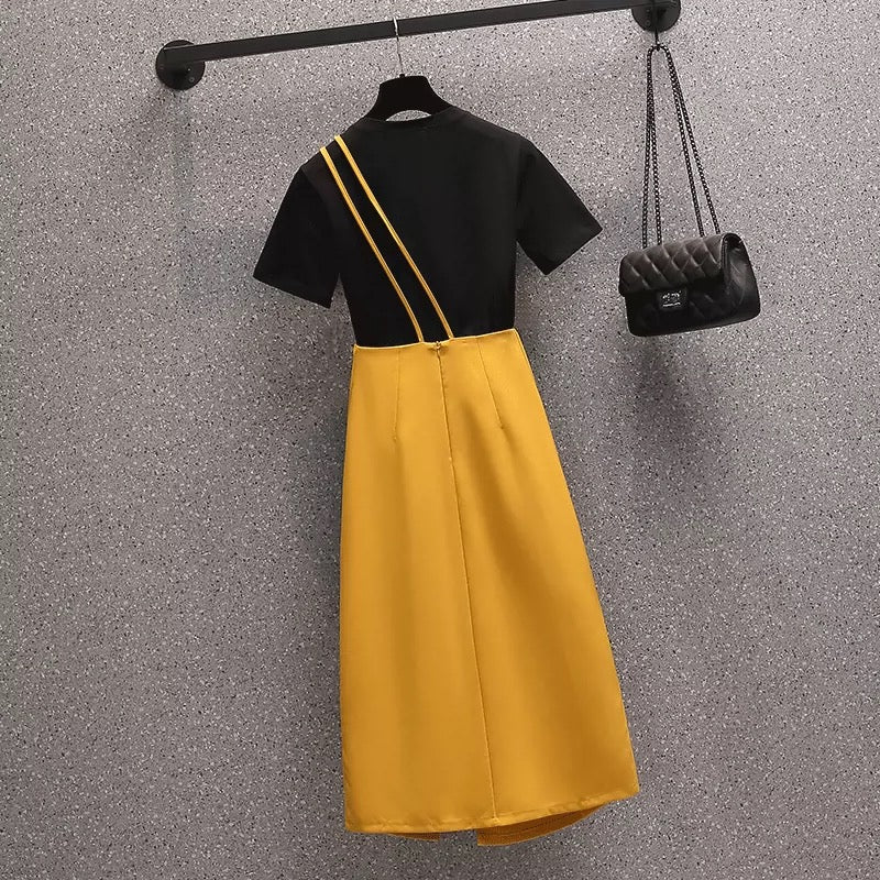 2022 summer new plus size fat sister fashion age-reducing T-shirt slimming suspender skirt suit