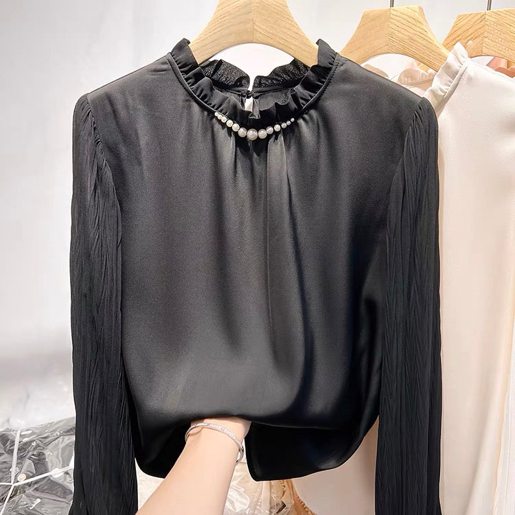 2022 new French temperament solid color stand collar beaded mesh long-sleeved chiffon shirt women's autumn thin shirt