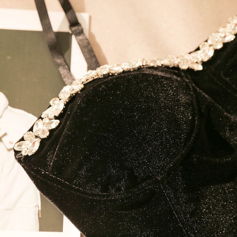Black Velvet Camisole Women's Suit With Beads Inner Sexy Slim Thin Belt Breast Pad Bottom Tube Top