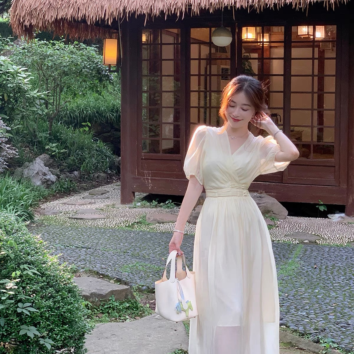 ByYou temperament V-neck Tencel dress women's summer design sense disc buckle waist slim puff sleeve mid-length skirt 1149