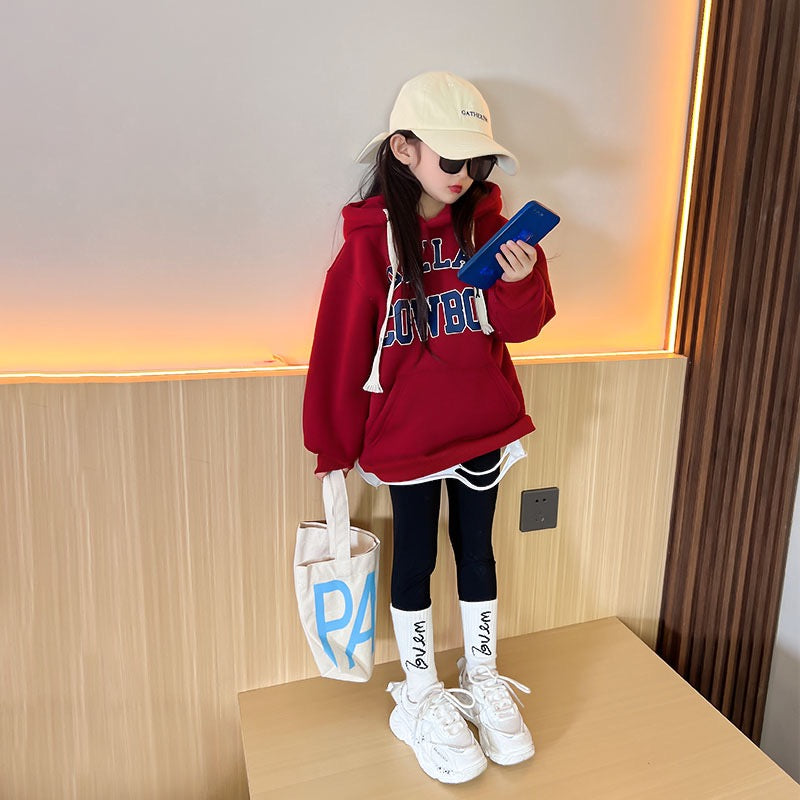 Girls' foreign style plus fleece sweater 2022 winter new hoodie tops for big children fashionable all-match thickened warm