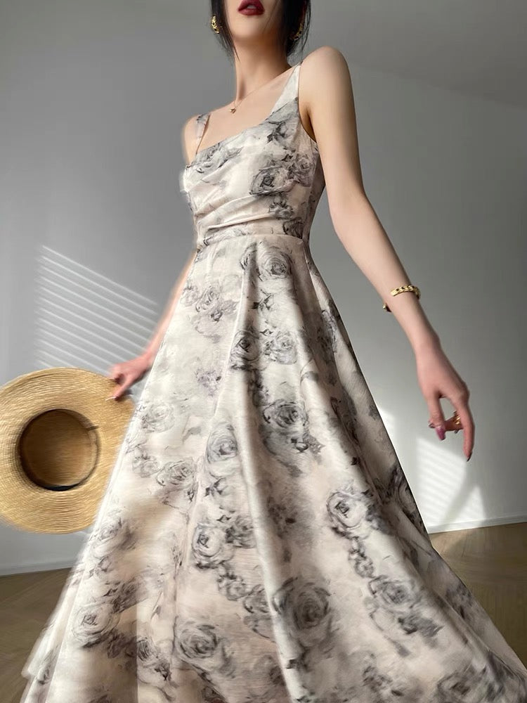 Aconiconi|Garden of Thorns Premium Design French Print Temperament Goddess Sleeveless Long Dress