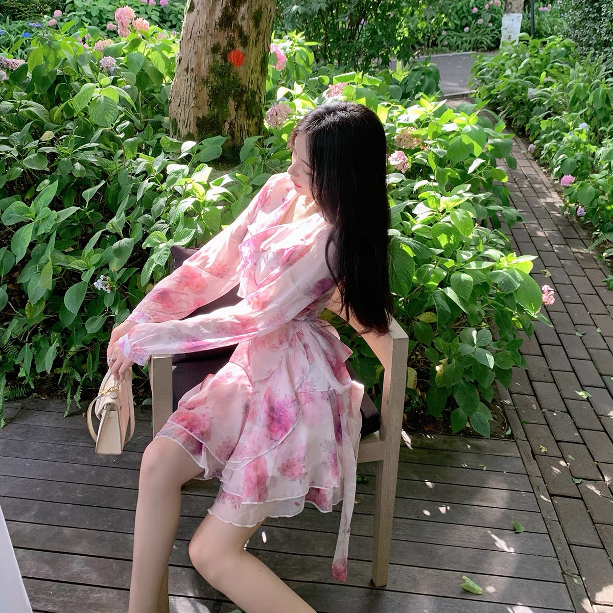 ByYou summer pink floral V-neck dress female ruffled puff sleeves waist strap irregular skirt 1141