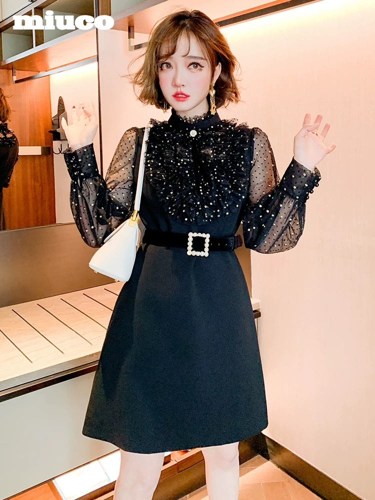miuco fungus collar U-shaped stitching bronzing mesh belt waist A-line dress women's 2021 spring new k