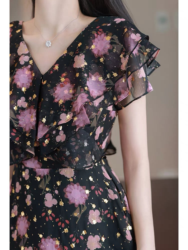 Goddess fan temperament dress 2022 new female summer lotus leaf floral waist long skirt chic beautiful skirt trendy 1496