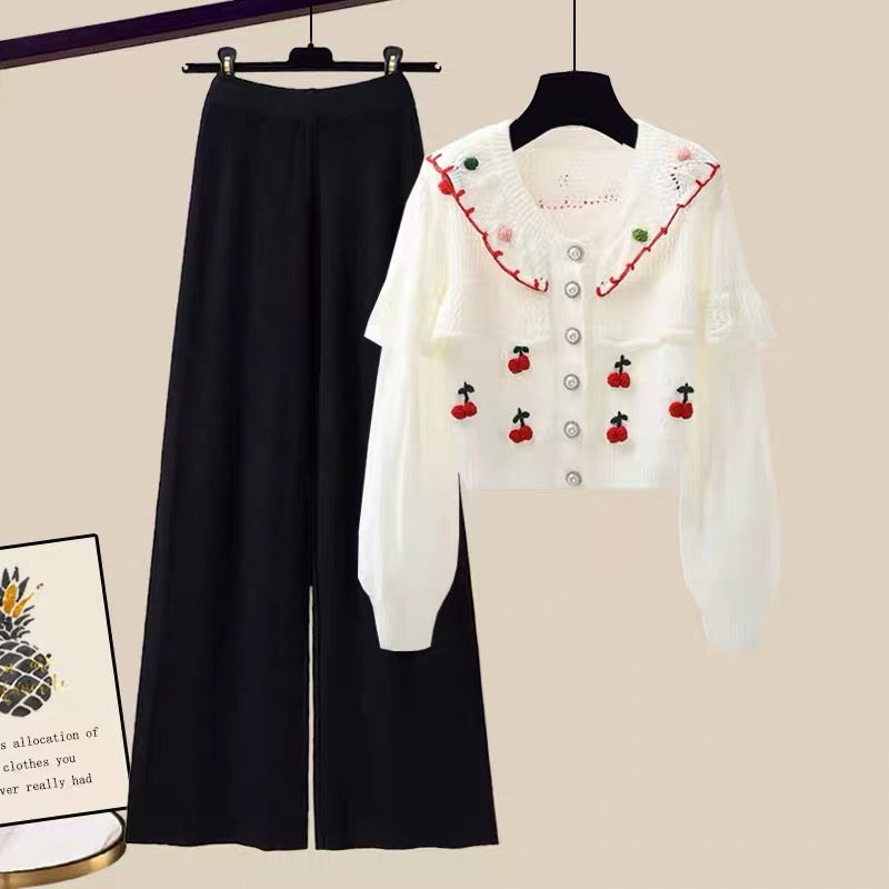 Autumn clothes are gentle, Korean, sweet, milky, sweater, coat, wide-leg pants, celebrity, Xiaoxiangfeng suit, women's autumn two-piece suit