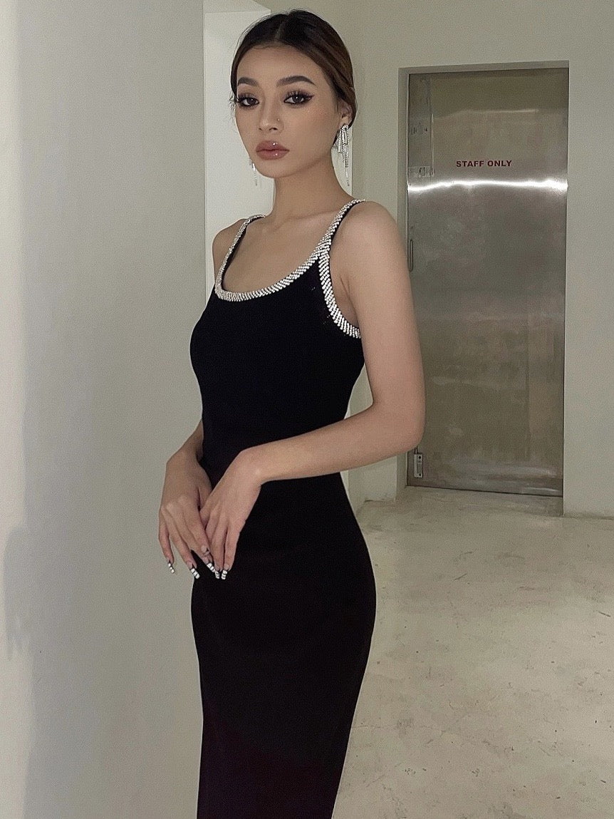 Black diamond sparkling slim sexy suspender dress female backless light luxury high-end dress skirt annual meeting