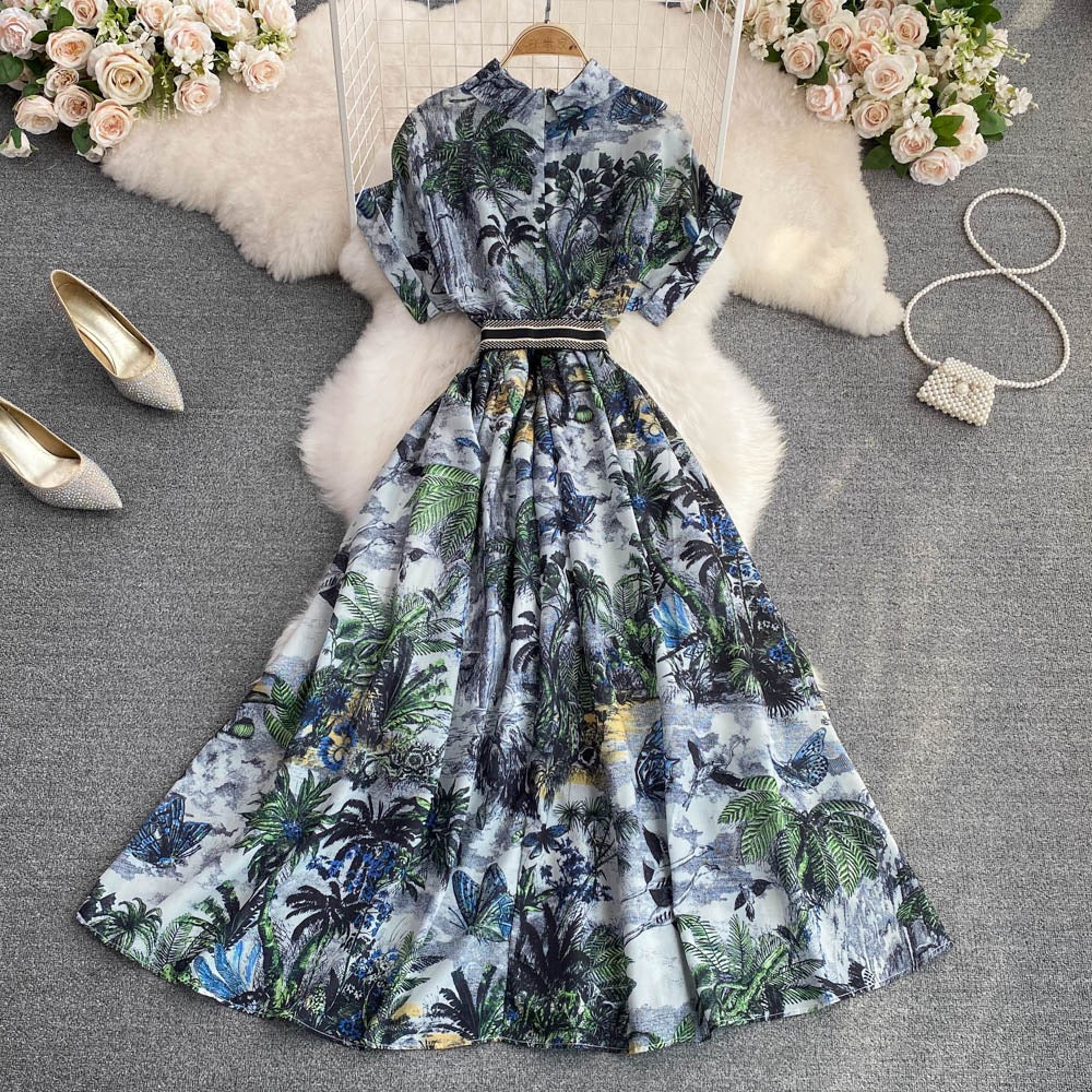 Summer light and familiar style lapel waist slimming single-breasted ink painting printed a-line dress elegant big swing long skirt