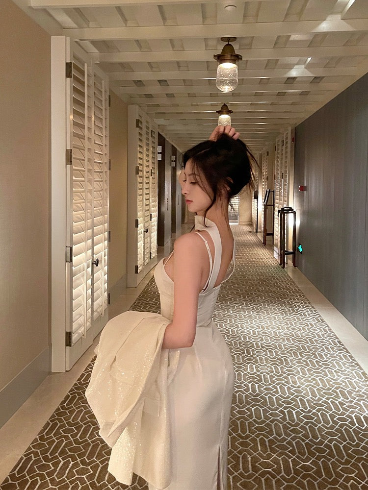 For Fay spring and summer new hollow design sling dress women's high-end sense package hip satin temperament long skirt