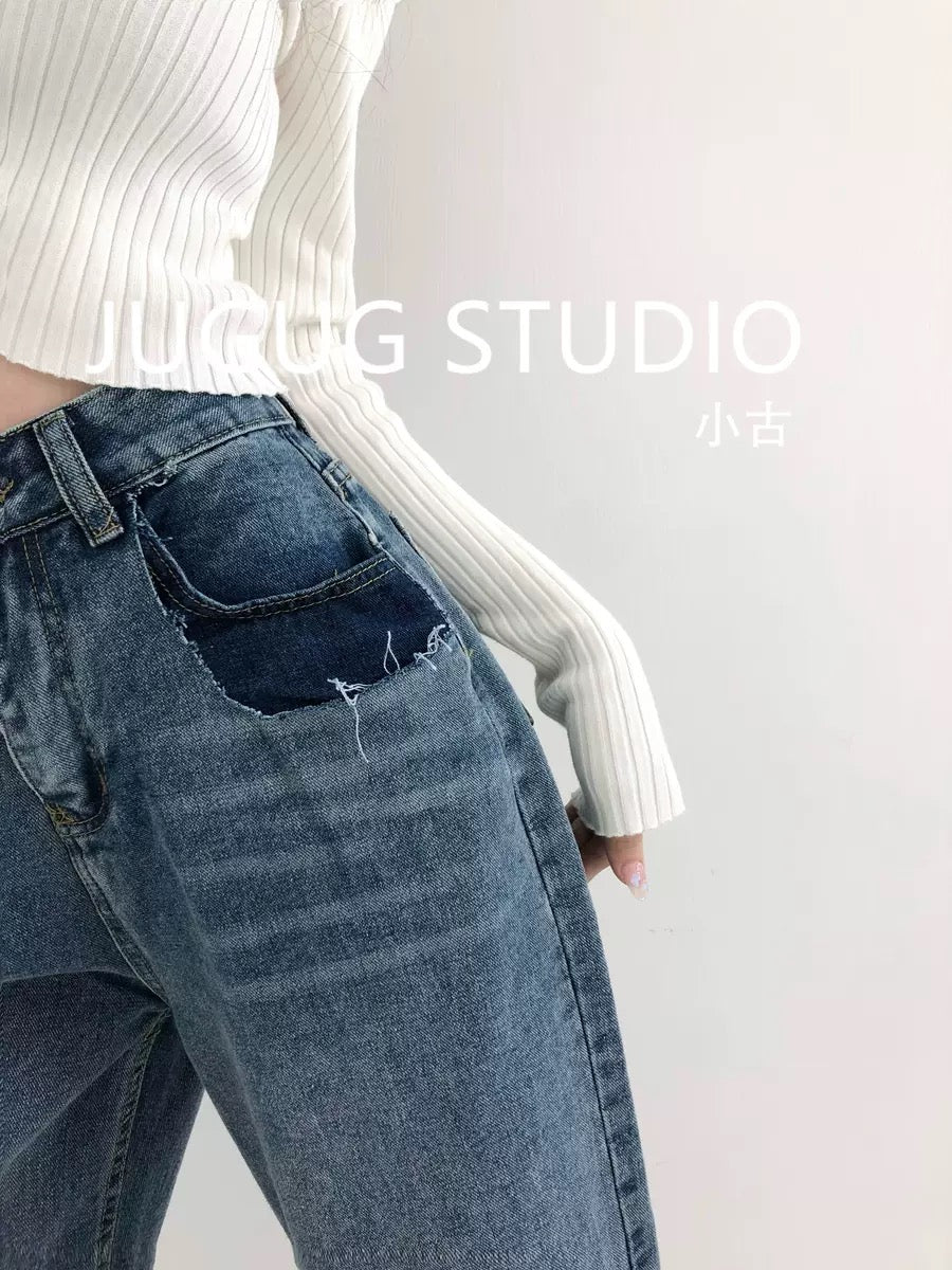 Hong Kong-style retro design high-waisted jeans women's spring and autumn thin and loose wide-leg straight-leg mopping trousers