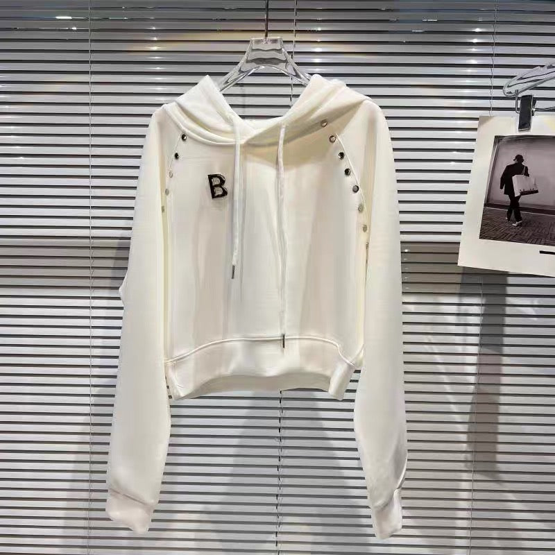 Net red with the same paragraph 2022 autumn new niche models metal letter rivets ultra-long sleeve space cotton sweater hoodie women