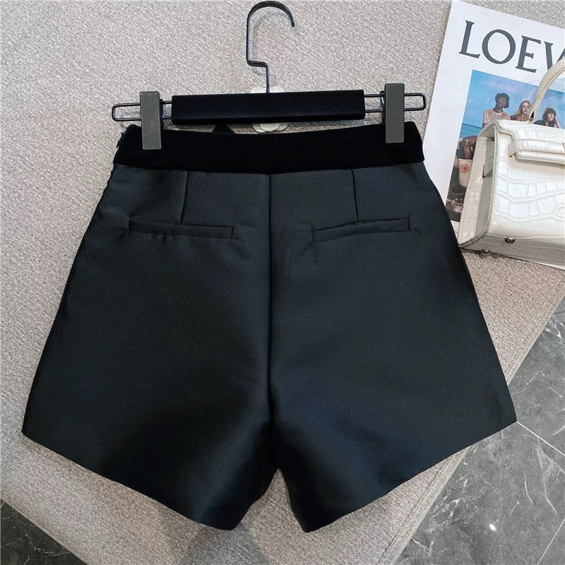 2021 autumn new temperament rhinestone bow gold velvet belt pearl satin high waist A-line hot pants shorts women 1619
