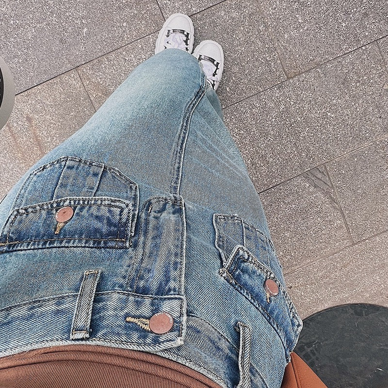 American retro denim skirt 2023 spring Korean version slim mid-length high waist slit a-line skirt all-match skirt