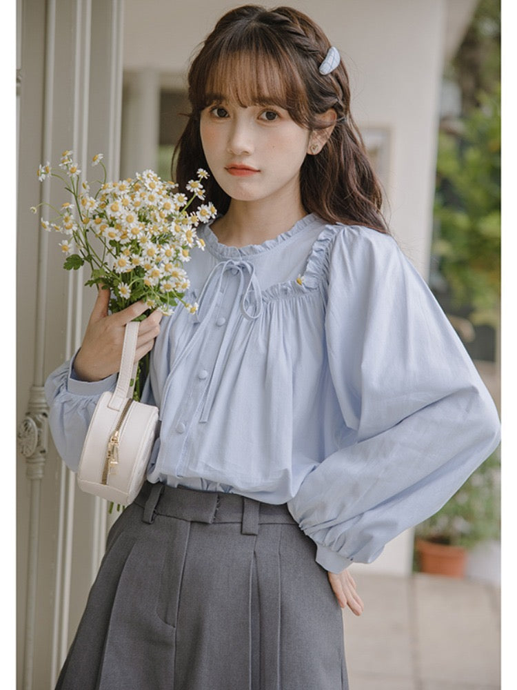 Korean style retro chic long-sleeved lace-up lace shirt women's spring and autumn new small fresh design trendy tops