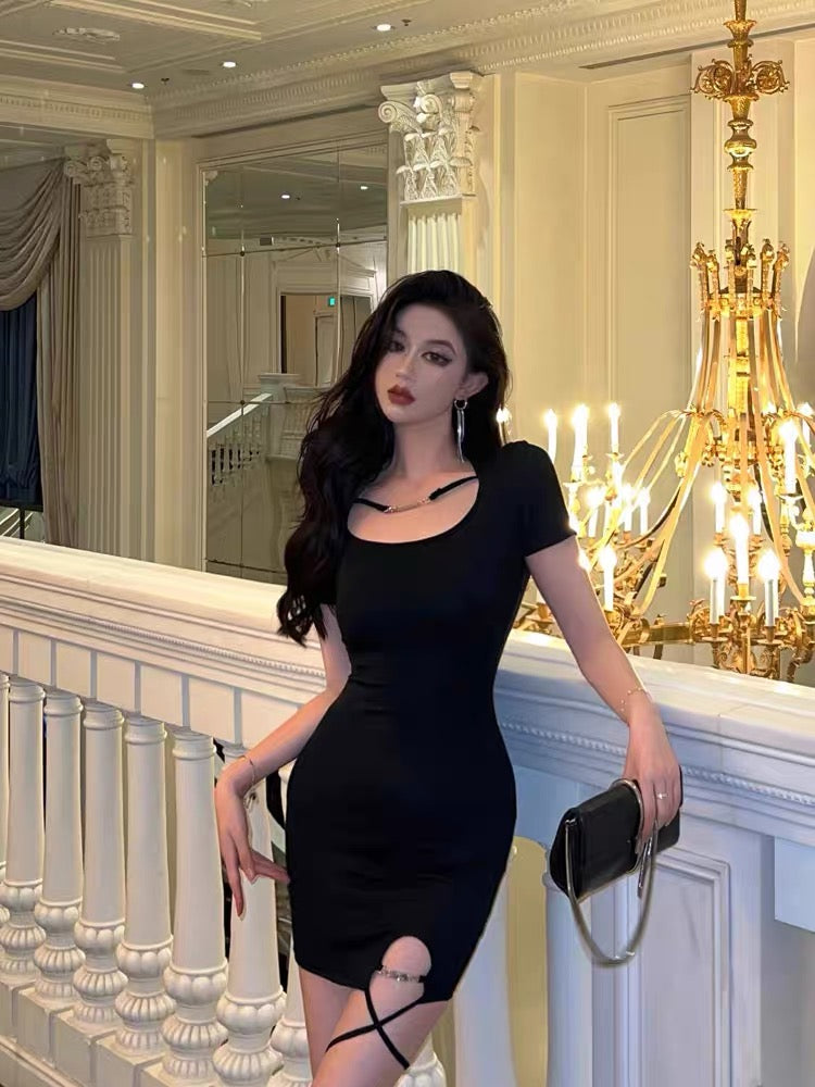 Sexy black bag hip dress female summer cold department hot girl pure desire bandage split for thin temperament small black dress 5643