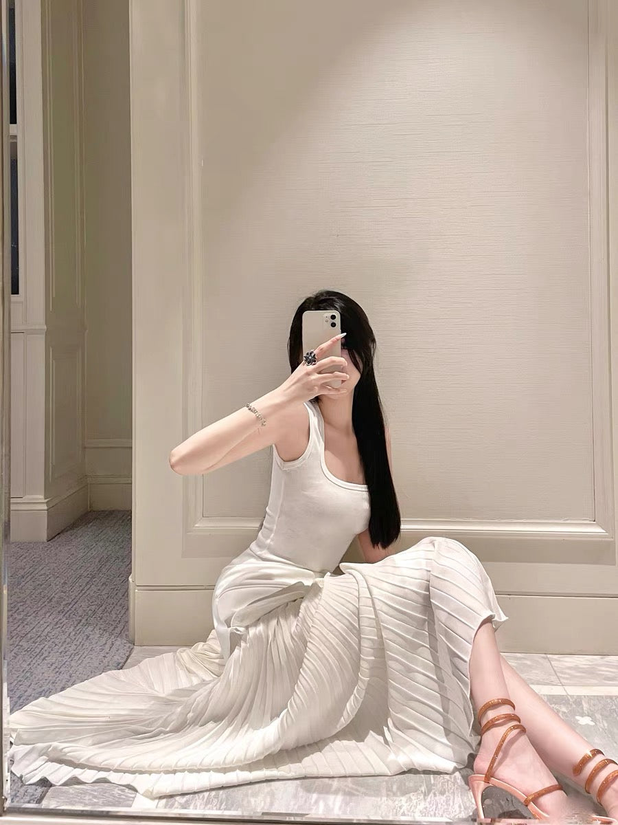 For Fay white pleated skirt women's summer high waist long skirt drape A-line skirt