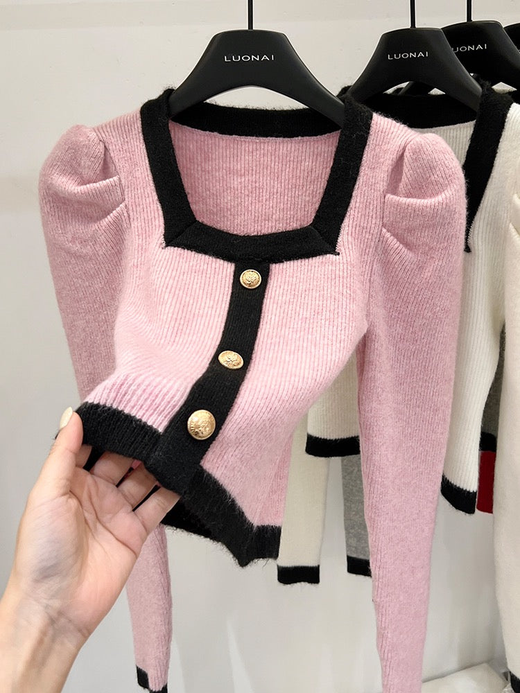 Small fragrant wind bottoming shirt women's autumn and winter sweater with chic short section beautiful top square collar puff sleeve knitted sweater women