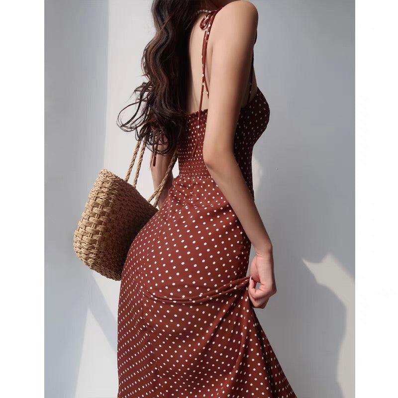 French retro polka dot sexy side slit straps suspender skirt women's waist is thin over the knee long skirt holiday dress